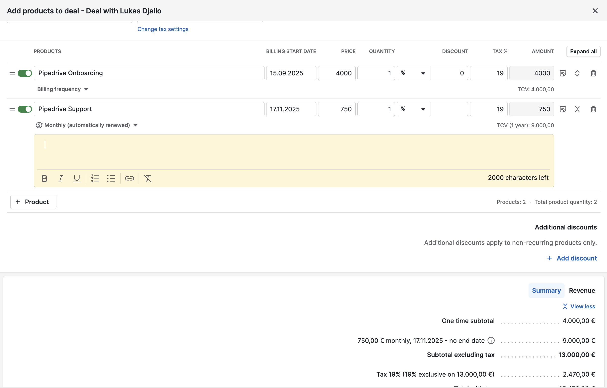 Pipedrive line items configuration with one-time and monthly recurring billing in the 2025 update